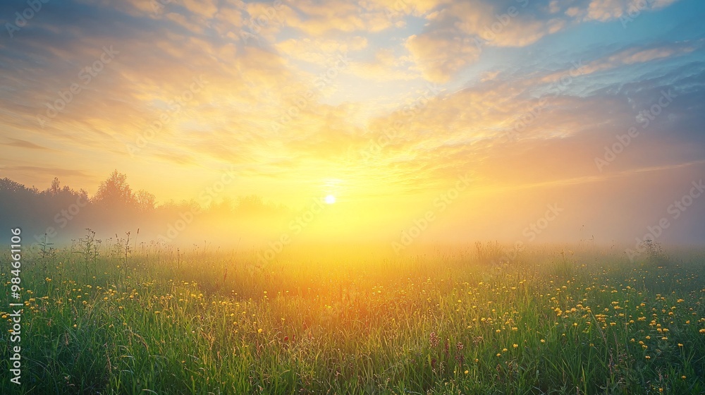Golden Sunrise Over Foggy Meadow with Yellow Flowers