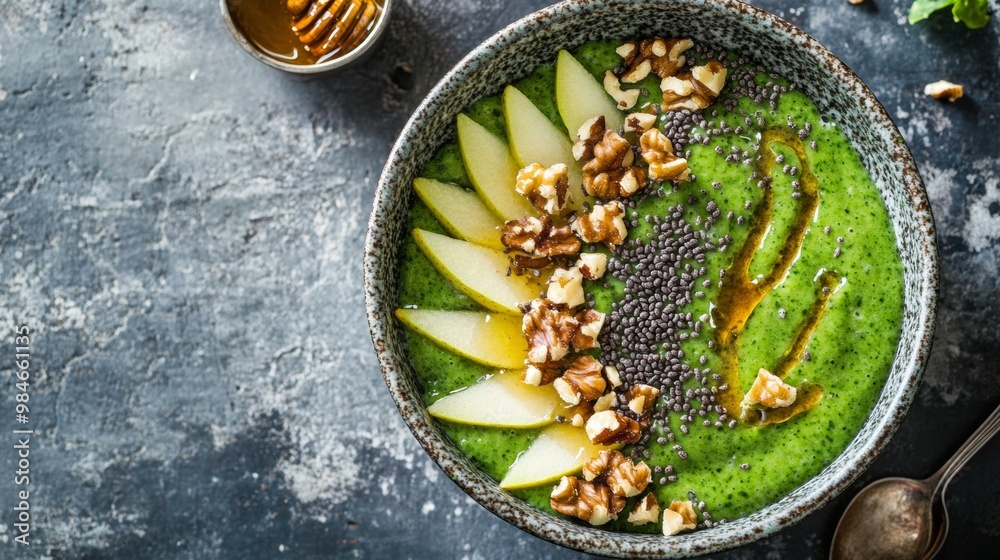Fresh Green Smoothie Bowl with Toppings and Honey Fresh Green Smoothie Bowl with Toppings and Honey