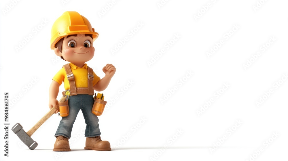 A cheerful cartoon construction worker holding a hammer, ready for a project.