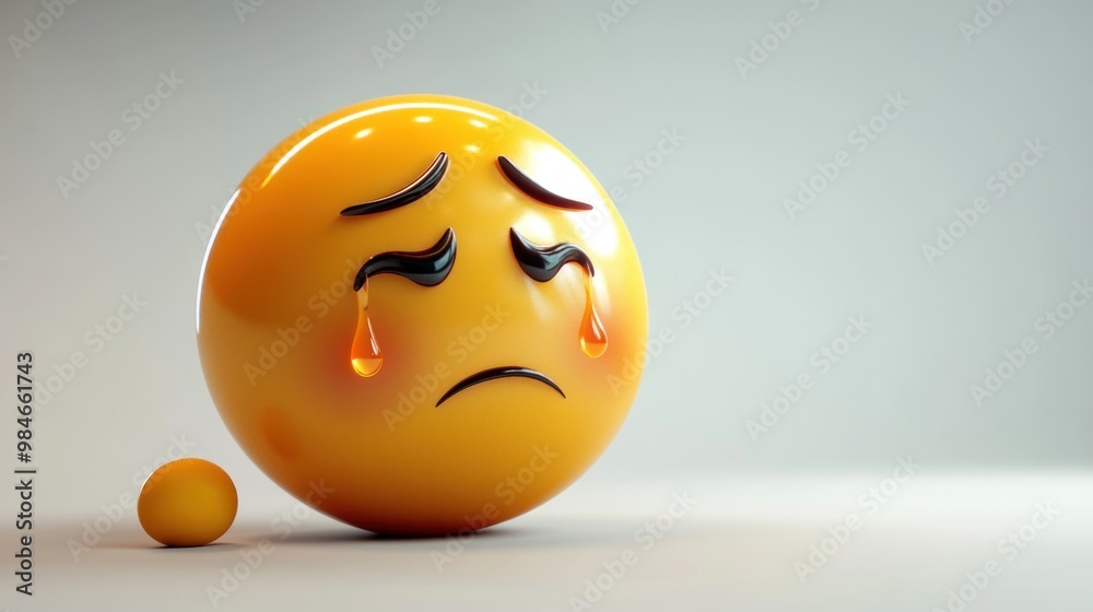 Fototapeta premium A sad, cartoonish yellow emoji with tears, expressing deep emotion and sorrow.