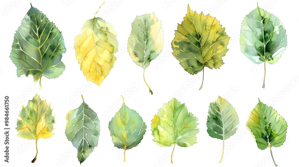 Watercolor Birch Tree Leaves in Soft Green and Yellow with Detailed Vein Textures on White Background