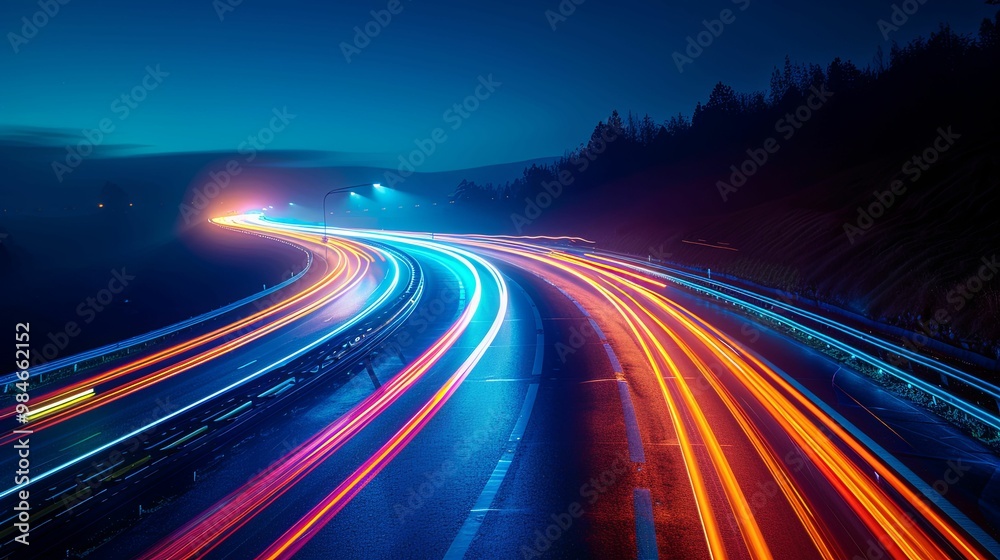 Nighttime Highway with Colorful Light Trails Nighttime Highway with Colorful Light Trails