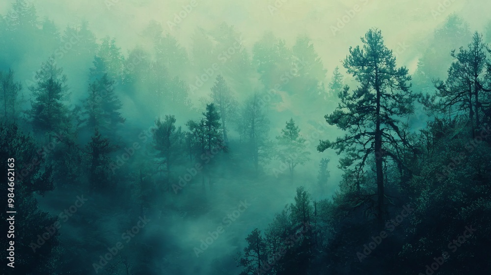 Tranquil Forest Dawn: Misty Blues to Soft Greens in Grainy Gradient Tranquil Forest Dawn: Misty Blues to Soft Greens in Grainy Gradient