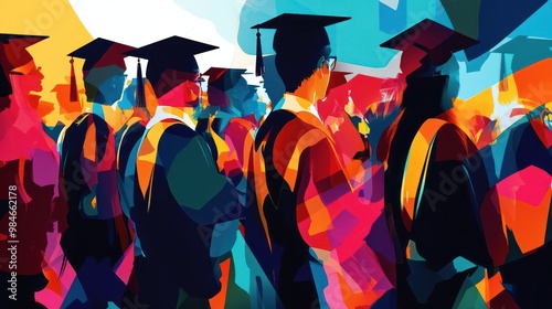 Abstract art showing a graduation ceremony, with distorted figures and bold colors representing the celebration