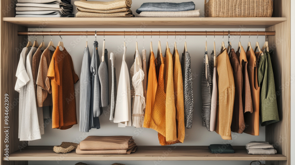 A closet full of clothes with a yellow shirt hanging in the middle