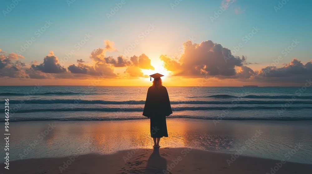 Fototapeta premium Graduation Celebration on the Beach at Sunset