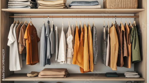 A closet full of clothes with a yellow shirt hanging in the middle