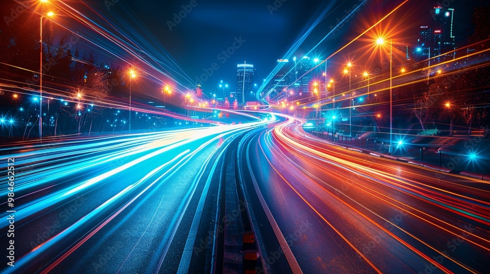 Cityscape with Long Exposure Light Trails on Highway at Night Cityscape with Long Exposure Light Trails on Highway at Night