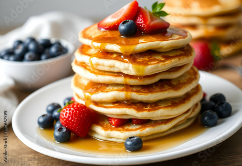 Stacks of golden pancakes with honey, blueberries and strawberries, served with maple syrup on wooden table