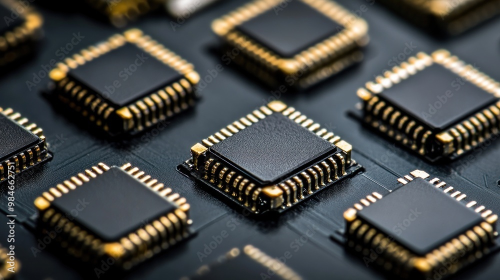 Close-up of microchips arranged on a circuit board, showcasing technology and innovation. Close-up of microchips arranged on a circuit board, showcasing technology and innovation.