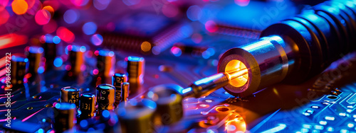 Close-up of a professional glowing soldering iron on a workbench with electronic components, circuit boards in the blurred background, representing technology, electronics, and repair tools for assemb photo