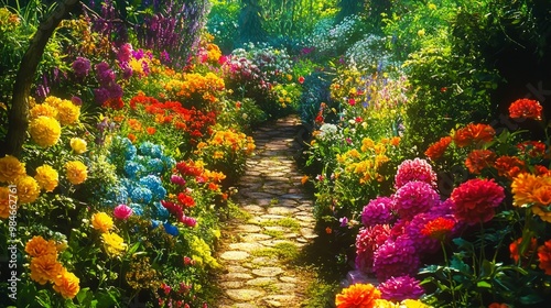 Vibrant garden path adorned with diverse varieties of flowers, creating a colorful and immersive natural setting with layers of blooms that add depth and beauty. Bright floral arrangements and natural photo