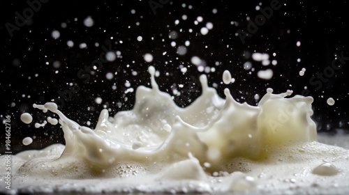 Dynamic Splash of Milk with Droplets in Dark Background