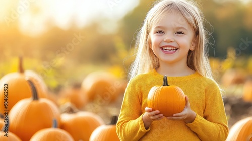 A cheerful blonde toddler girl proudly displays her bright orange pumpkin at a country farm in autumn, enjoying the festive atmosphere of Halloween