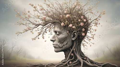 PTSD, withered branches growing out of a human head, each branch representing a traumatic memory, while blooming flowers grow from some of the branches, symbolizing the healing process photo