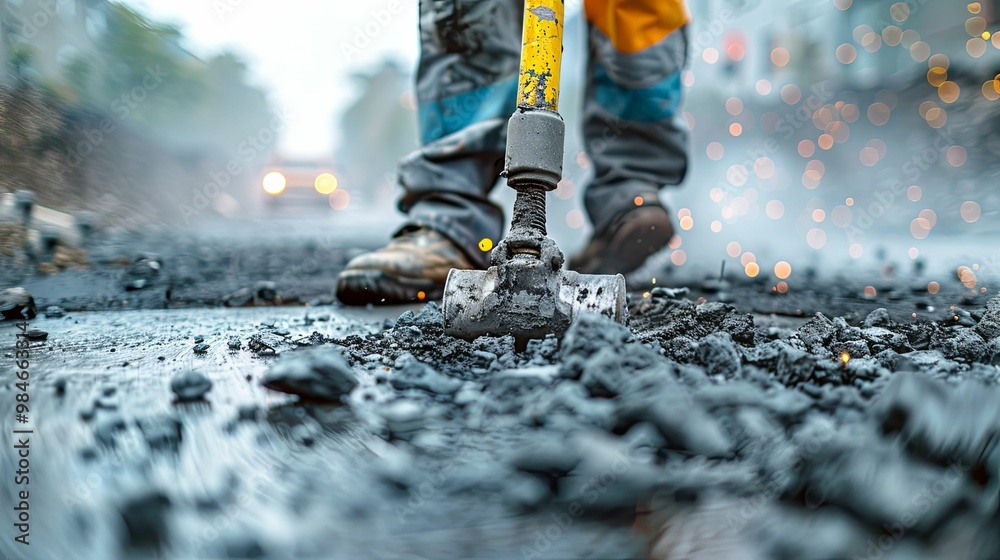 Close-up of a Worker Using a Jackhammer to Break Up Asphalt Close-up of a Worker Using a Jackhammer to Break Up Asphalt