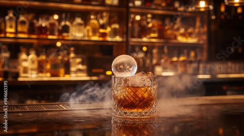 A whiskey cocktail with a spherical ice cube, set in a bar. photo