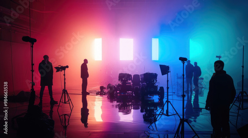 A film set illuminated by colored gels over lights, creating a surreal, moody atmosphere that enhances the film's visual storytelling