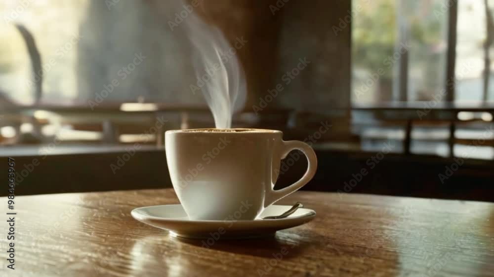 Hot coffee steam rises from the cup after the wooden table