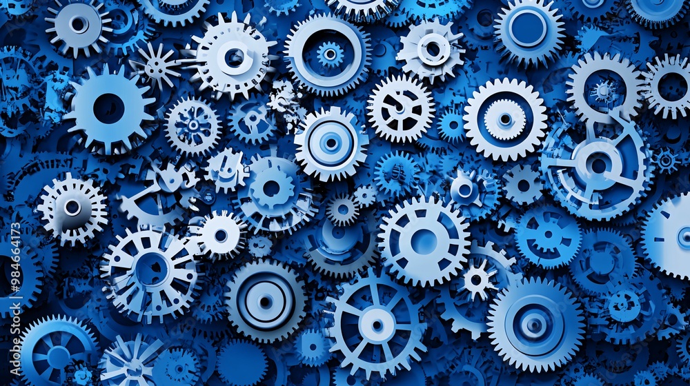 A close-up view of a complex system of blue metallic gears interlocked together. A close-up view of a complex system of blue metallic gears interlocked together.