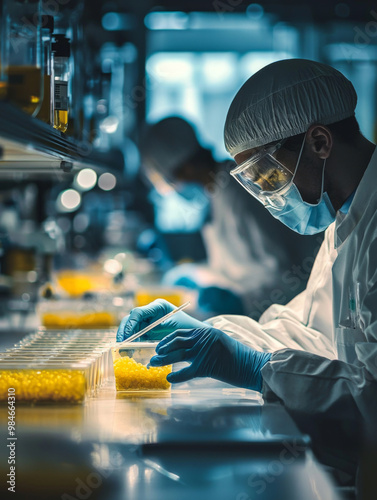 A man in a lab coat is wearing a mask