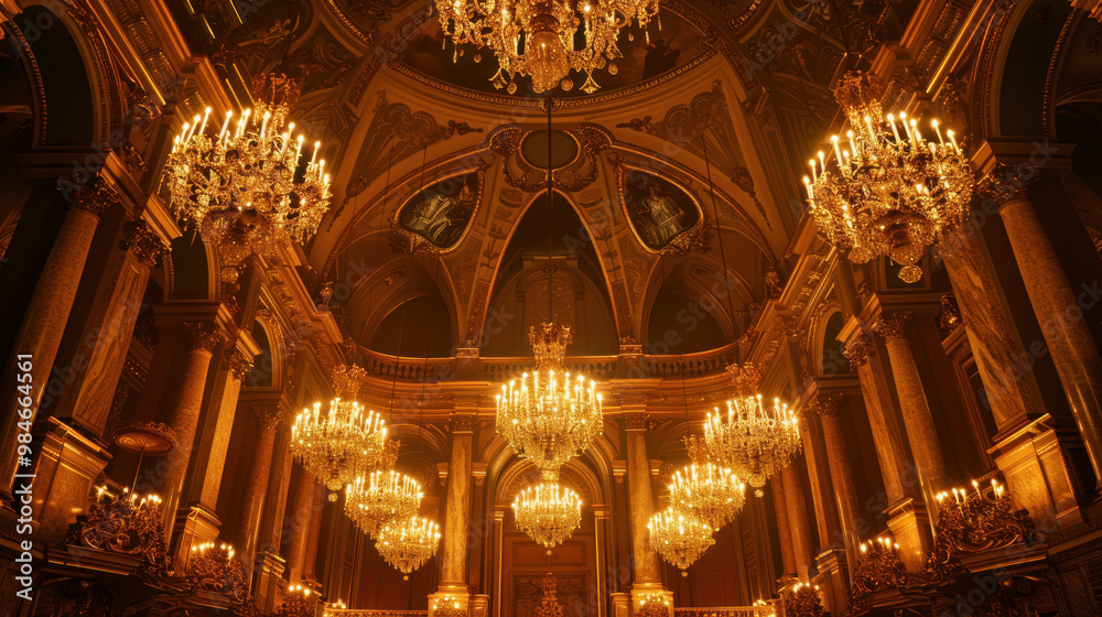 Obraz premium A grand hall in a historical building illuminated by ornate chandeliers, casting a warm, golden glow on the intricate details of the ceiling and walls, evoking a sense of timeless elegance