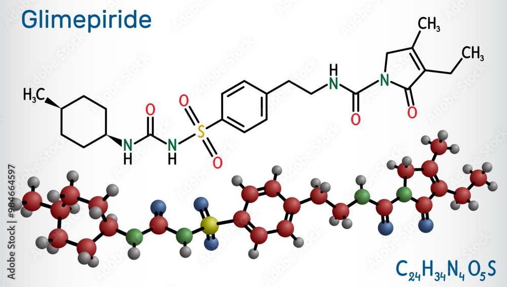 Glimepiride molecule. It is sulfonylurea drug used to treat type 2 diabetes. Structural chemical formula, molecule model. Vector Glimepiride molecule. It is sulfonylurea drug used to treat type 2 diabetes. Structural chemical formula, molecule model. Vector