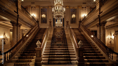 A grand staircase in a historical building, illuminated by a large chandelier and wall-mounted sconces, accentuating the architectural details of the bannister and walls