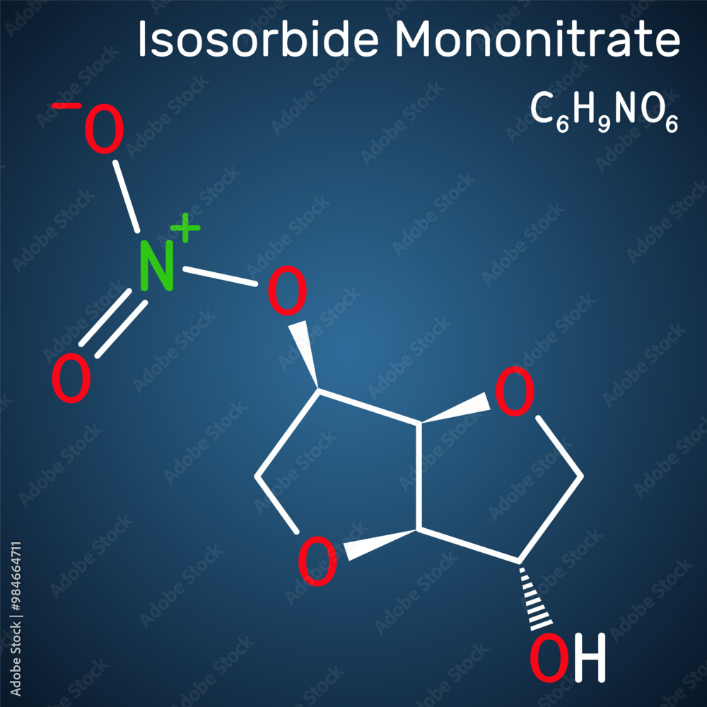 Isosorbide mononitrate molecule. Used to treat angina caused by coronary artery disease. Structural chemical formula, dark blue background. Vector Isosorbide mononitrate molecule. Used to treat angina caused by coronary artery disease. Structural chemical formula, dark blue background. Vector
