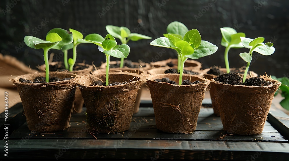 Young seedlings in peat pots on a black wooden background. Young seedlings in peat pots on a black wooden background.