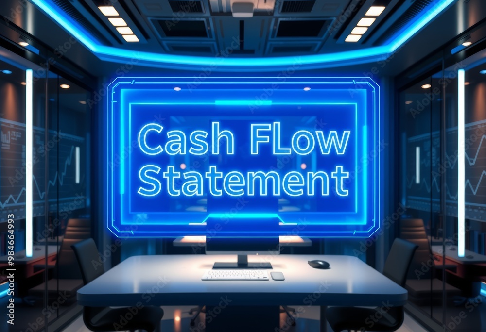 Fototapeta premium Glowing Holographic Cash Flow Statement in a High-Tech Office
