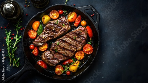 Steak with grilled vegetables in a cast-iron pan on a dark background, top view. Close-up of a food dish with steaks and greens for a presentation or promotional campaign of a restaurant or fast-food  photo