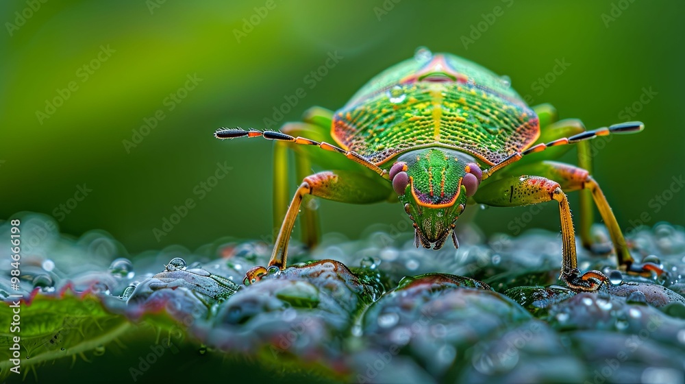 Naklejka premium A Green and Orange Bug on a Dewy Leaf