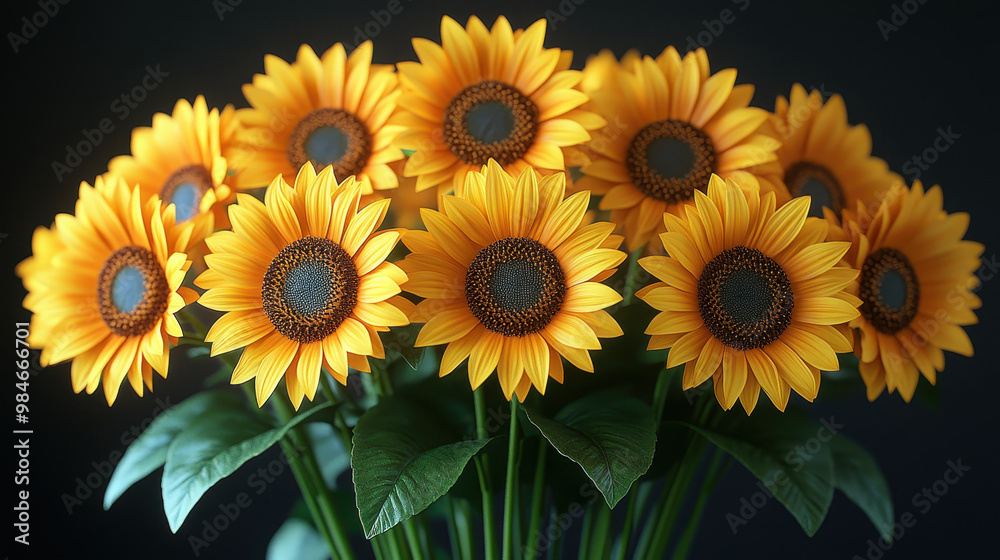 A stunning arrangement of vibrant sunflowers showcasing their bright yellow petals and rich brown centers, perfect for summer decorations and nature lovers A stunning arrangement of vibrant sunflowers showcasing their bright yellow petals and rich brown centers, perfect for summer decorations and nature lovers