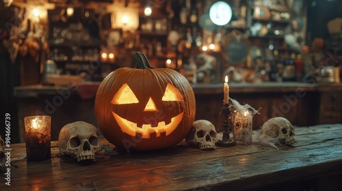 A high-definition close-up of Halloween decorations in a Western vintage saloon, showing a pumpkin centerpiece surrounded by skulls, rustic candles, and cobwebs on a wooden table, with soft focus on