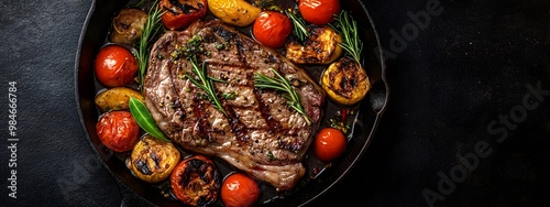 Steak with grilled vegetables in a cast-iron pan on a dark background, top view. Close-up of a food dish with steaks and greens for a presentation or promotional campaign of a restaurant or fast-food  photo