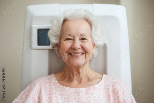 Senior patient undergoing a bone density scan during a health checkup, focusing on bone health and prevention of osteoporosis Bone density scan, Senior care photo