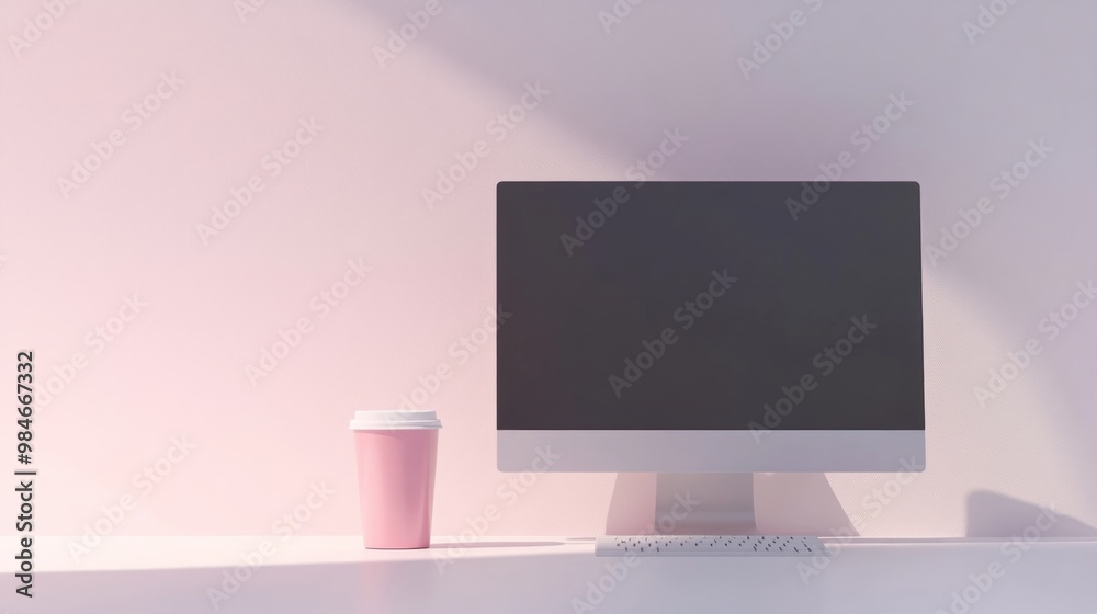 A minimalist workspace featuring a computer and a pink drink cup. A minimalist workspace featuring a computer and a pink drink cup.
