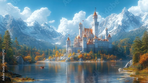 Construction in a fantasy world, enchanted tools, magical workers building a castle surrounded by mystical landscapes photo