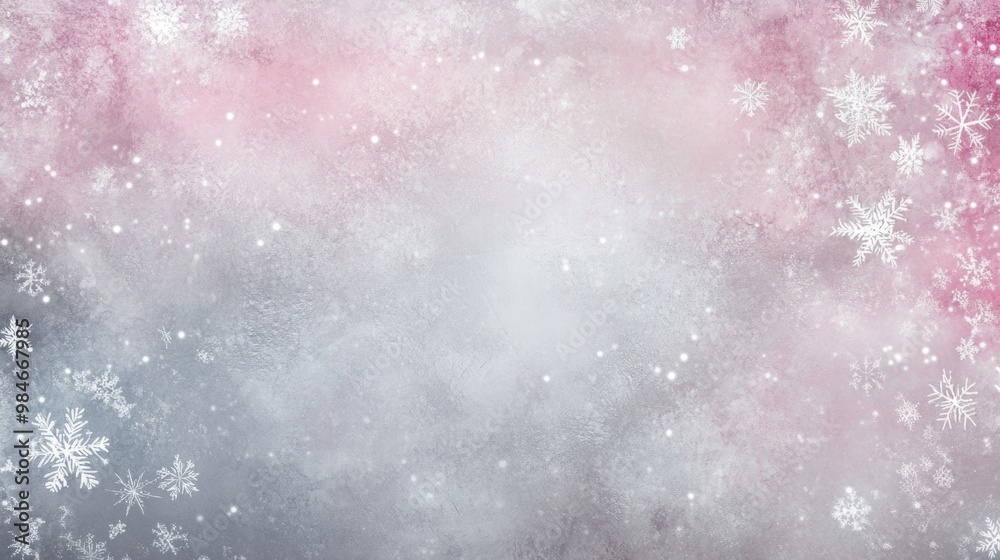 Obraz premium Softly falling snowflakes create a whimsical atmosphere among soft pastel shades of pink and grey, charming winter background