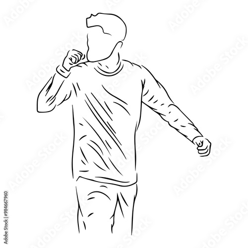 men football player standing and running celebrationline art illustration in black and white