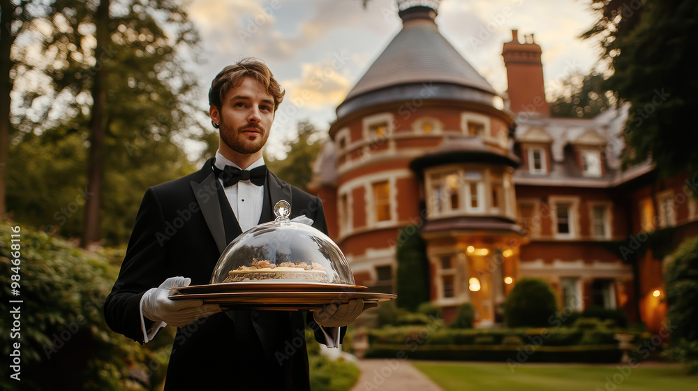 A distinguished butler in a black tuxedo stands outside a grand mansion ...