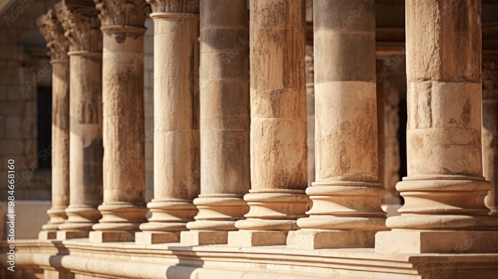 Old ancient columns in building of medieval architecture. Neural network ai generated art