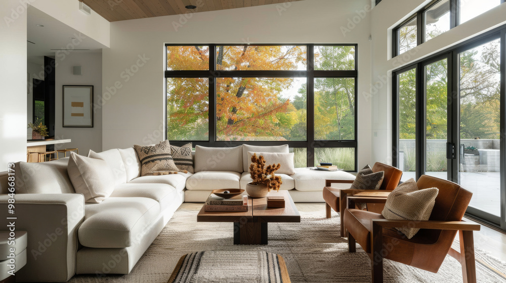 A contemporary living room featuring mix of textures, large windows, and autumn views. cozy atmosphere invites relaxation and warmth, perfect for enjoying changing seasons A contemporary living room featuring mix of textures, large windows, and autumn views. cozy atmosphere invites relaxation and warmth, perfect for enjoying changing seasons