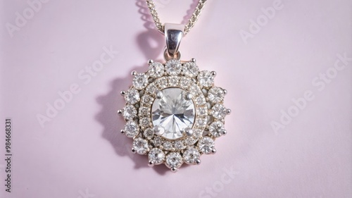 A top-down view of an elegant diamond pendant on a white background, the clear gemstone shimmering against the simple backdrop.