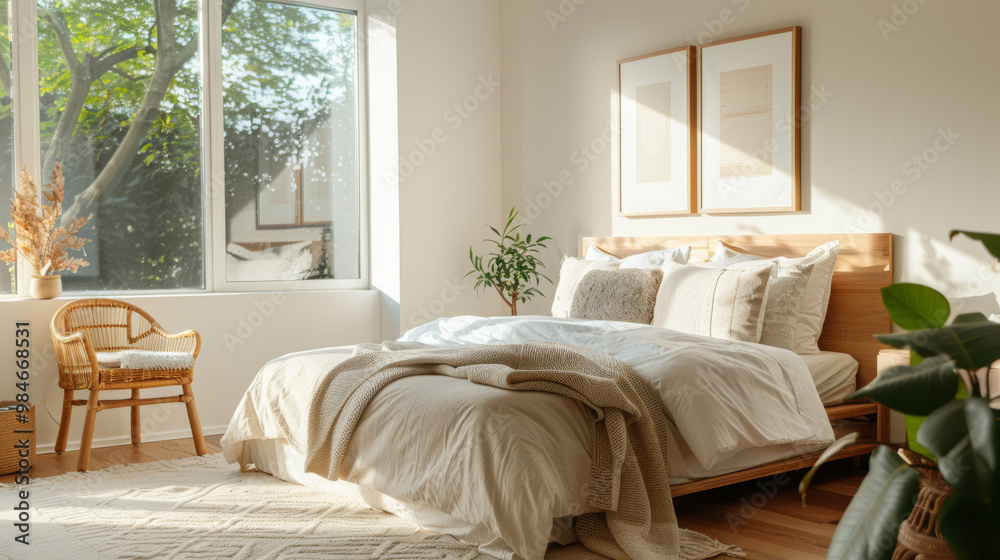 Bright and airy bedroom with light colored bedding, featuring cozy atmosphere and natural light streaming through large windows. decor includes plants and rattan chair, creating serene space Bright and airy bedroom with light colored bedding, featuring cozy atmosphere and natural light streaming through large windows. decor includes plants and rattan chair, creating serene space