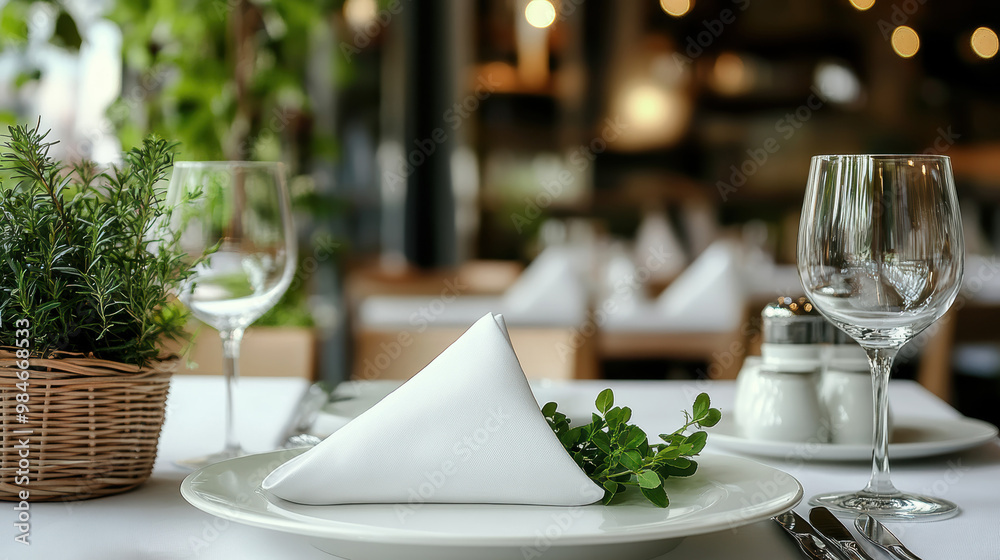 Fototapeta premium An elegantly set dining table adorned with crystal glasses, neatly folded napkins, and lush green decor in a sophisticated restaurant ambiance.