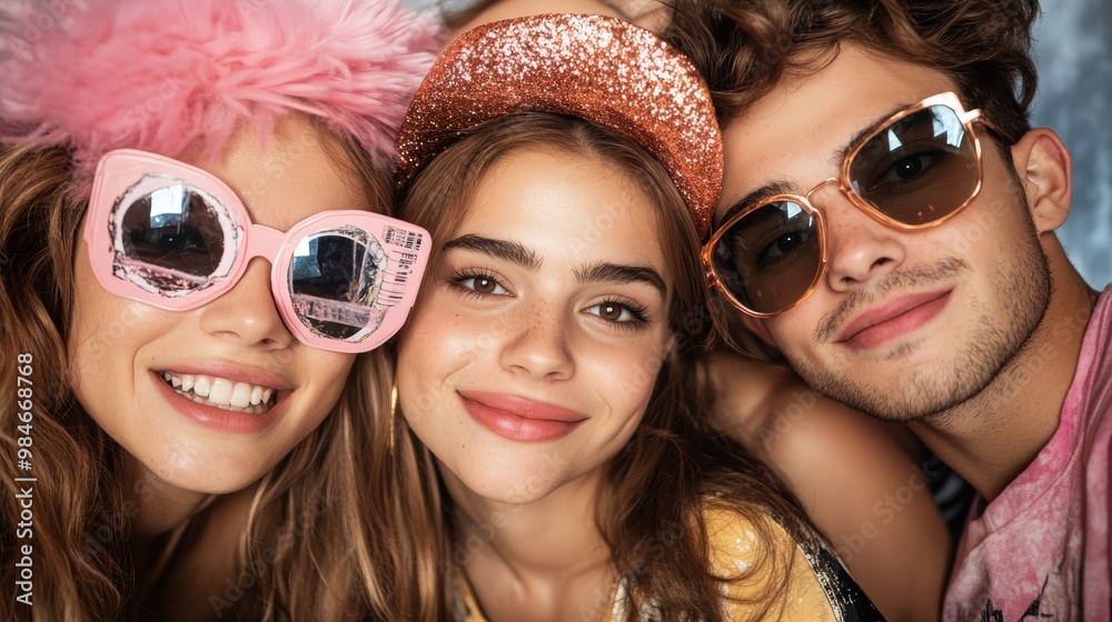 A joyful group of friends posing for a fun selfie, showcasing their stylish sunglasses and playful accessories. A joyful group of friends posing for a fun selfie, showcasing their stylish sunglasses and playful accessories.