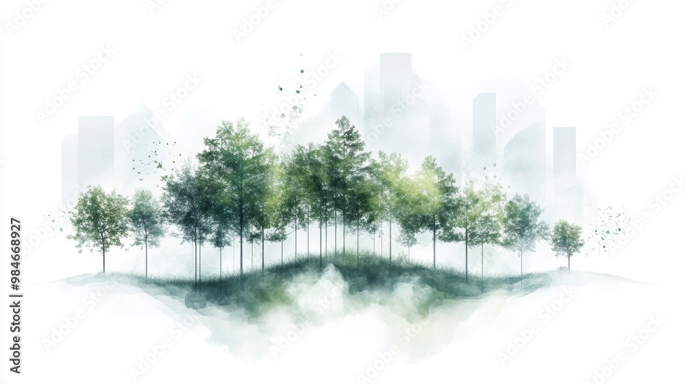 A serene illustration of lush trees blending harmoniously with a misty skyline, evoking tranquility and nature's beauty. A serene illustration of lush trees blending harmoniously with a misty skyline, evoking tranquility and nature's beauty.