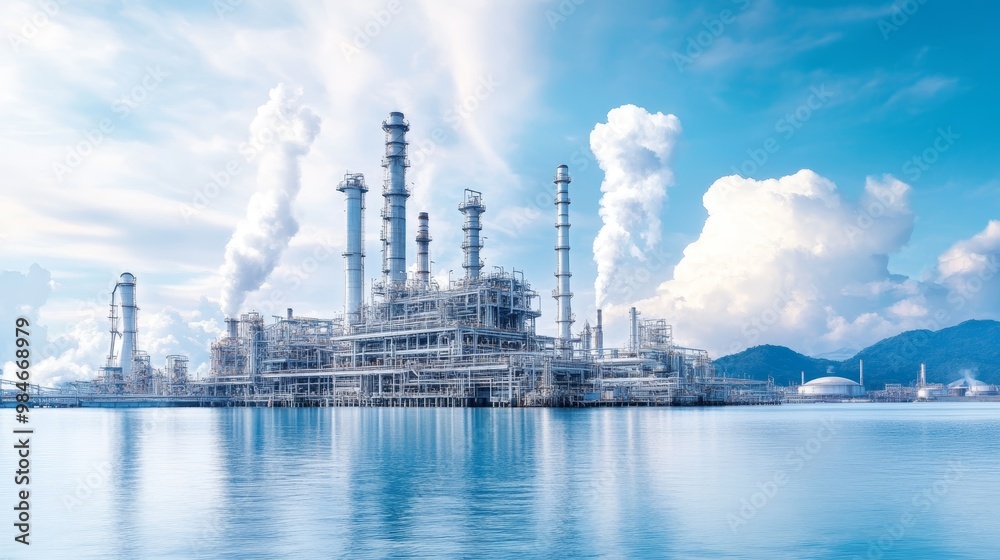 A serene view of a modern industrial plant by the water, with billowing smoke and clear blue sky reflecting on calm waters. A serene view of a modern industrial plant by the water, with billowing smoke and clear blue sky reflecting on calm waters.